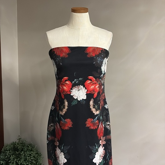 Express floral on black Strapless Sheath bodycon midi Dress formal zippered  12 - Picture 2 of 15